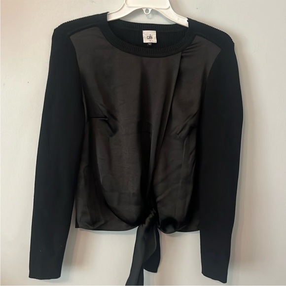 Cabi- Black Crosstie Pullover Mixed Media Tie Front Satin/Ribbed Sweater Sz Sm - Picture 3 of 7